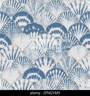 Acquerello mare conchiglia giapponese onde modello senza giunture. Fondale disegnato a mano texture iOcean sfondo con linea dorata. Illustrazione marina acquerello Foto Stock