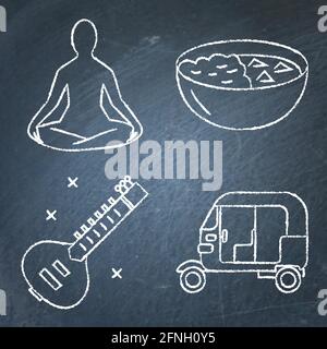 Icone della lavagna in India impostate in stile linea. Simboli tradizionali tra cui posa yoga, chitarra sitar, risciò e cibo curry. Illustrazione vettoriale. Illustrazione Vettoriale