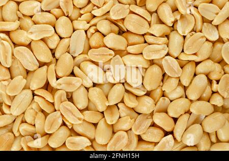 Arachidi arrosto e salate, sfondo, dall'alto. Snack alimentari, a base di frutti di Arachis ipogea, anche arachidi, goober, pindar o scimmia noci. Foto Stock