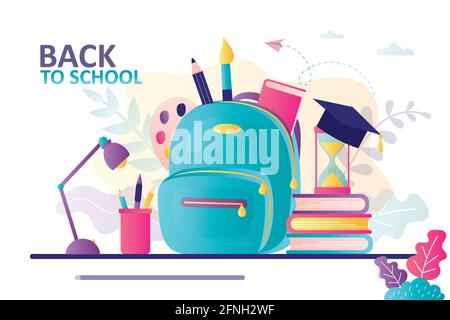 Modello banner di ritorno alla scuola. Zaino per bambini con attrezzature didattiche. Borsa di studio con forniture e libro di testo. Luogo di lavoro con stack di libri e organi Illustrazione Vettoriale