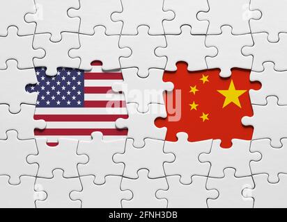 Puzzle con le bandiere nazionali degli Stati Uniti d'America e della Cina. Conflitto internazionale e concetto di guerra commerciale. Foto Stock