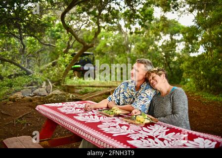 Coppia sposata seduta al tavolo da picnic con una romantica cena al sacco sulla cima di una collina al ranch di armi da fuoco al tramonto, Laie, Oahu, Hawaii, USA Foto Stock