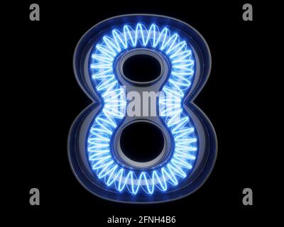 Lampadina spirale incandescente carattere alfabeto 8 otto caratteri. Vista frontale simbolo illuminato numero 8 su sfondo nero. illustrazione del rendering 3d Foto Stock