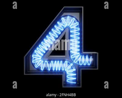 Lampadina spirale incandescente carattere alfabeto 4 quattro caratteri. Vista frontale simbolo numero 1 illuminato su sfondo nero. illustrazione del rendering 3d Foto Stock