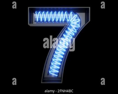 Lampadina spirale incandescente carattere alfabeto 7 sette caratteri. Vista frontale simbolo illuminato numero 7 su sfondo nero. illustrazione del rendering 3d Foto Stock