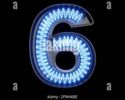 Lampadina spirale incandescente carattere alfabeto 6 sei caratteri. Vista frontale simbolo numero 6 illuminato su sfondo nero. illustrazione del rendering 3d Foto Stock