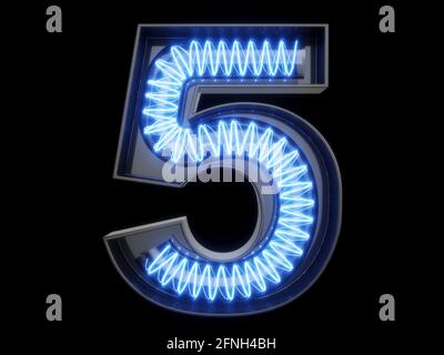 Lampadina spirale incandescente carattere alfabeto 5 cinque caratteri. Vista frontale simbolo numero 1 illuminato su sfondo nero. illustrazione del rendering 3d Foto Stock