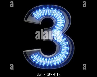 Lampadina spirale incandescente carattere alfabeto 3 tre caratteri. Vista frontale simbolo numero 1 illuminato su sfondo nero. illustrazione del rendering 3d Foto Stock