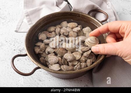 Vongole grezze nell'acqua all'interno di una ciotola di rame. Foto Stock