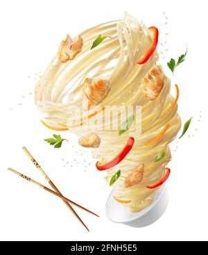 Tagliatelle con verdure e carne di pollo sotto forma di tornado. Bastoncini di legno e una ciotola di tagliatelle, peperoni rossi, carote, cipolle e carne di pollo. Foto Stock