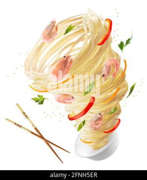 Tagliatelle con verdure e gamberi sotto forma di tornado. Bastoncini di legno e una ciotola di tagliatelle, peperoni rossi, carote, cipolle e gamberi. Ritaglio Foto Stock