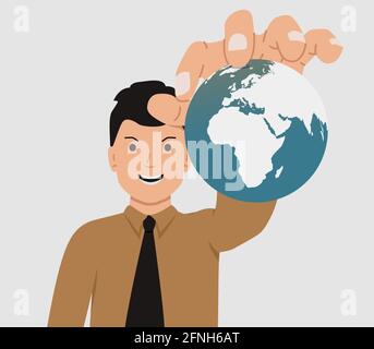 Il concetto di dominazione mondiale. L'uomo tiene il pianeta Terra nelle sue mani. Un uomo con un sorriso malvagio controlla la popolazione della Terra. Illustrazione Vettoriale