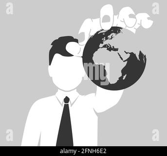 Il concetto di dominazione mondiale. Un uomo d'affari tiene in mano il pianeta Terra. L'uomo senza volto controlla la popolazione della Terra. Illustrazione Vettoriale
