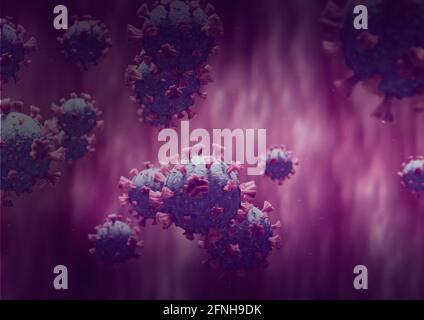 Cellule del virus Corona che galleggiano su uno sfondo viola, covid-19 e concetti pandemici Foto Stock