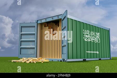 Contenitore per trasporto con Arabia Saudita bandiera riempito con oro bar. Alcuni oro bar sparsi sul terreno - 3D Rendering Foto Stock