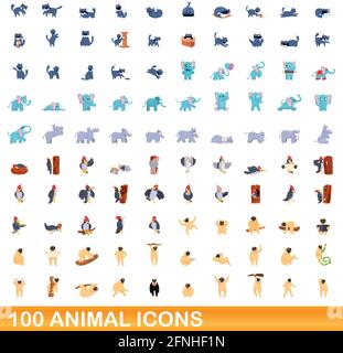 100 animali set di icone. Cartoon illustrazione di 100 icone animale set vettore isolato su sfondo bianco Illustrazione Vettoriale