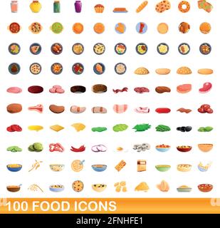 100 food set di icone. Cartoon illustrazione di 100 food icone set di vettore isolato su sfondo bianco Illustrazione Vettoriale