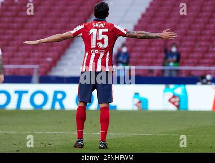 Stefan Savic (Atletico de Madrid) Reagisce durante la partita la Liga del round 36 tra Atletico Madrid e CA Osasuna allo stadio Wanda Metropolitano.gli stadi sportivi di tutta la Spagna rimangono soggetti a rigorose restrizioni a causa del Pandemic di Coronavirus, in quanto le leggi governative sulla distanza sociale vietano i fan all'interno dei locali, con conseguente gioco a porte chiuse. Punteggio finale; Atletico Madrid 2:1 CA Osasuna. Foto Stock