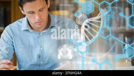 Composizione del filamento di dna e trattamento dei dati medici su uomini studente Foto Stock