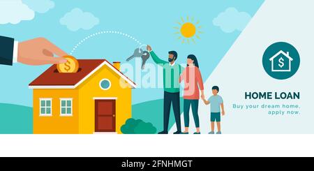 Famiglia felice di acquistare la loro nuova casa, prestito casa e mutuo concetto Illustrazione Vettoriale
