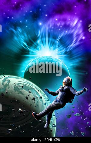 astronauta galleggiante nello spazio, sistema planetario alieno, illustrazione 3d Foto Stock