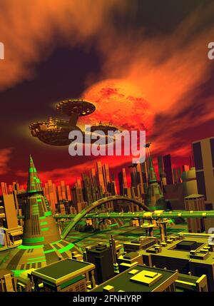 astronave che sorvola la città futuristica, rendering 3d Foto Stock