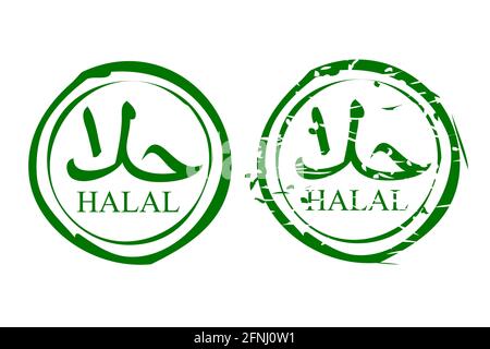 Vector Set due Stylw Green Circle Stamp segno Halal, permesso di mangiare e bere in persone islamiche, pulito e arrugginito, isolato su bianco Illustrazione Vettoriale
