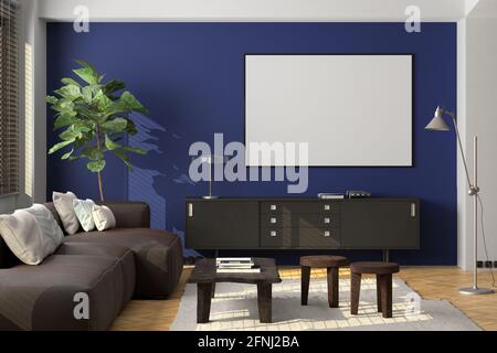 Mockup orizzontale con poster bianco su parete blu all'interno del soggiorno Foto Stock