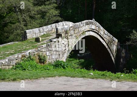 Storico ponte ad arco in pietra sul fiume esk nello Yorkshire. Foto Stock