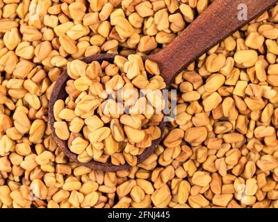 Vista dall'alto del cucchiaio di legno sul mucchio di semi di Fenugreek primo piano Foto Stock