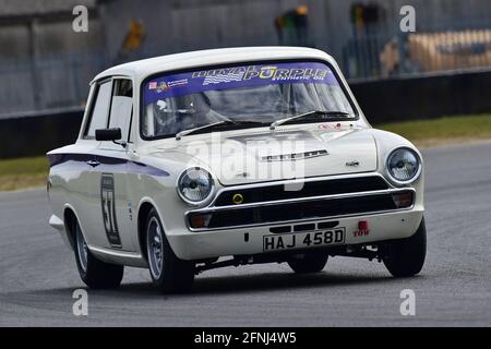 Mike Gardiner, Ford Lotus Cortina, Historic Touring Car Championship, Historic Sports Car Club, HSCC, Jim Russell Trophy Meeting, aprile 2021, Snettert Foto Stock