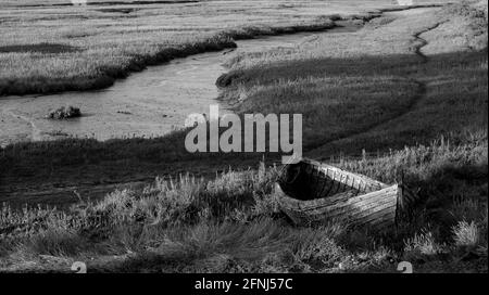 Immagine mono di una barca a remi in marcia e abbandonata disegnata su da un'insenatura di mare e tra la vegetazione e illuminato a bassa luce solare Foto Stock