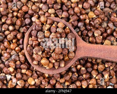 vista dall'alto del cucchiaio di legno sul mucchio di grani di primo piano paradise pepper Foto Stock