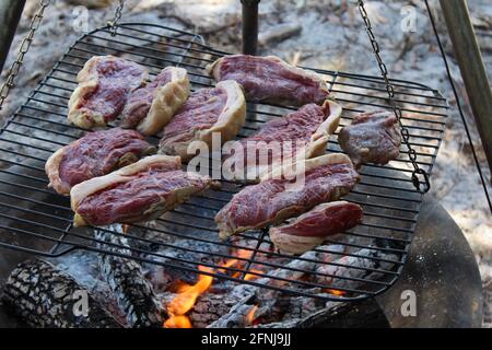 Pezzi di carne cruda, bistecche, cucina su una griglia sopra un fuoco di legno in un campeggio. Bistecca di Picanha Foto Stock