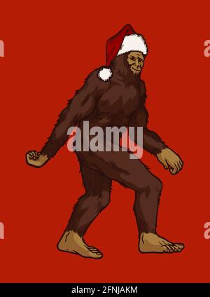 Uomo della neve nel cappello di Babbo Natale - illustrazione bigfoot di Natale - Santa sasquatch Illustrazione Vettoriale