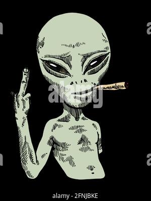 Personaggio alieno fumando e mostrando un dito mezzo sorridente. Carattere UFO isolato con emozioni complicate sul loro volto. Illustrazione Vettoriale