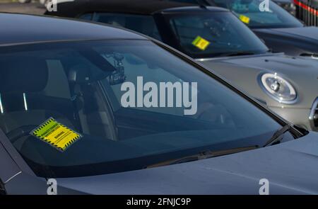 Fila di auto ciascuna con un biglietto di parcheggio giallo, bloccato sul parabrezza, parabrezza Regno Unito Foto Stock