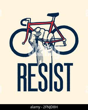 resist - stampa di protesta in bicicletta - pugno con bicicletta Illustrazione Vettoriale