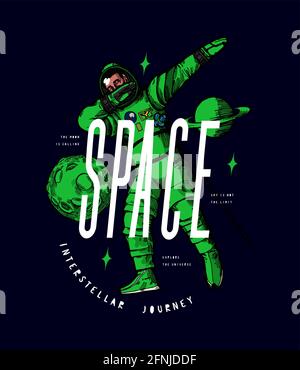 Astronauta che dabbing nello spazio esterno tra le stelle luna e pianeti. Nuova società privata americana tuta verde e blu. Vettore di stampa T-shirt spazio Illustrazione Vettoriale