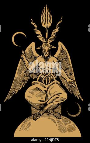 Capra testa demone Baphomet con torcia sulla sua testa e grandi ali nere che si siedono un punto con le sue mani su due lune. Illustrazione Vettoriale