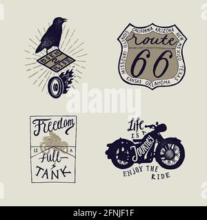 Moto T-shirt design set: Born to Ride - corvo e ruota sul fuoco, Route 66 segno, la libertà è un serbatoio pieno, la vita è un viaggio - moto stampa coll Illustrazione Vettoriale