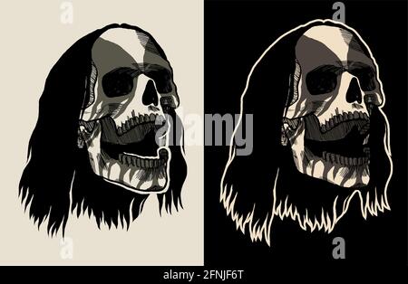 Cranio in metallo nero - testa scheletrica dipinta come roccia dura cantante di musica - disegno di stampa di t-shirt di illustrazione vettoriale Illustrazione Vettoriale