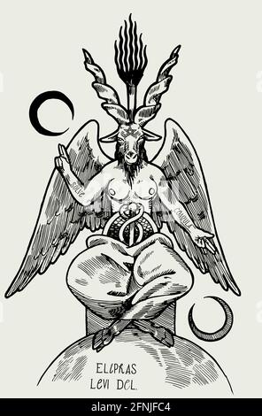 Demone di Baphomet. Capra satana. Simbolo occulto dalle carte tarocchi rappresentazione vettoriale vintage realistica. Illustrazione Vettoriale