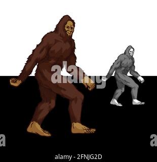 bigfoot walking - creatura mistica sasquatch colorato e scala di grigi buono guardando su sfondo scuro e chiaro Illustrazione Vettoriale