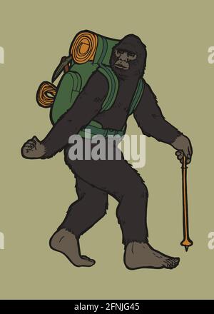 Escursionista Bigfoot. Mistico personaggio sasquatch con zaino e bastoni da trekking. Yeti viaggiatore isolato. Illustrazione Vettoriale