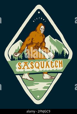 stampa sasquatch t-shirt - piedi bigfoot in montagna - badge con illustrazione tipografica vintage Illustrazione Vettoriale