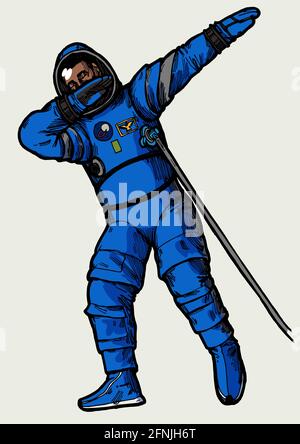 Astronauta americano che dabbing in nuova tuta spaziale blu. Illustrazione dei caratteri vettoriali isolati. Illustrazione Vettoriale