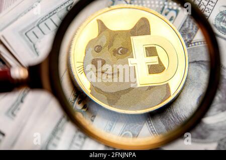 Moneta a criptovaluta Dogecoin sotto una lente d'ingrandimento sullo sfondo Di dollari USA Foto Stock