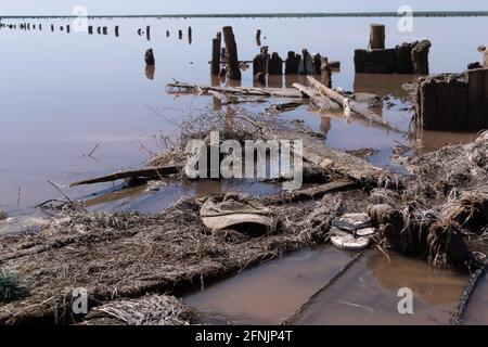 Un flip-flop in gomma e un cappuccio sporco si trovano sulle rive del lago rosa salato tra vecchie tavole bagnate e tronchi. Concetto di inquinamento. Orientamento orizzontale Foto Stock
