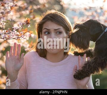 Ragazza impaurita che mostra il segno di stop per il cane e l'albero in fiore a causa della reazione allergica al polline e ai capelli animali Foto Stock